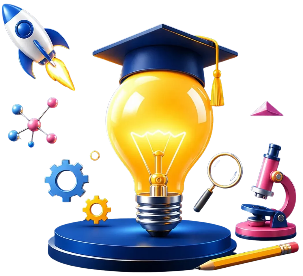 Knowledge and education concept: Graduation cap, rocket and icons orbiting lightbulb